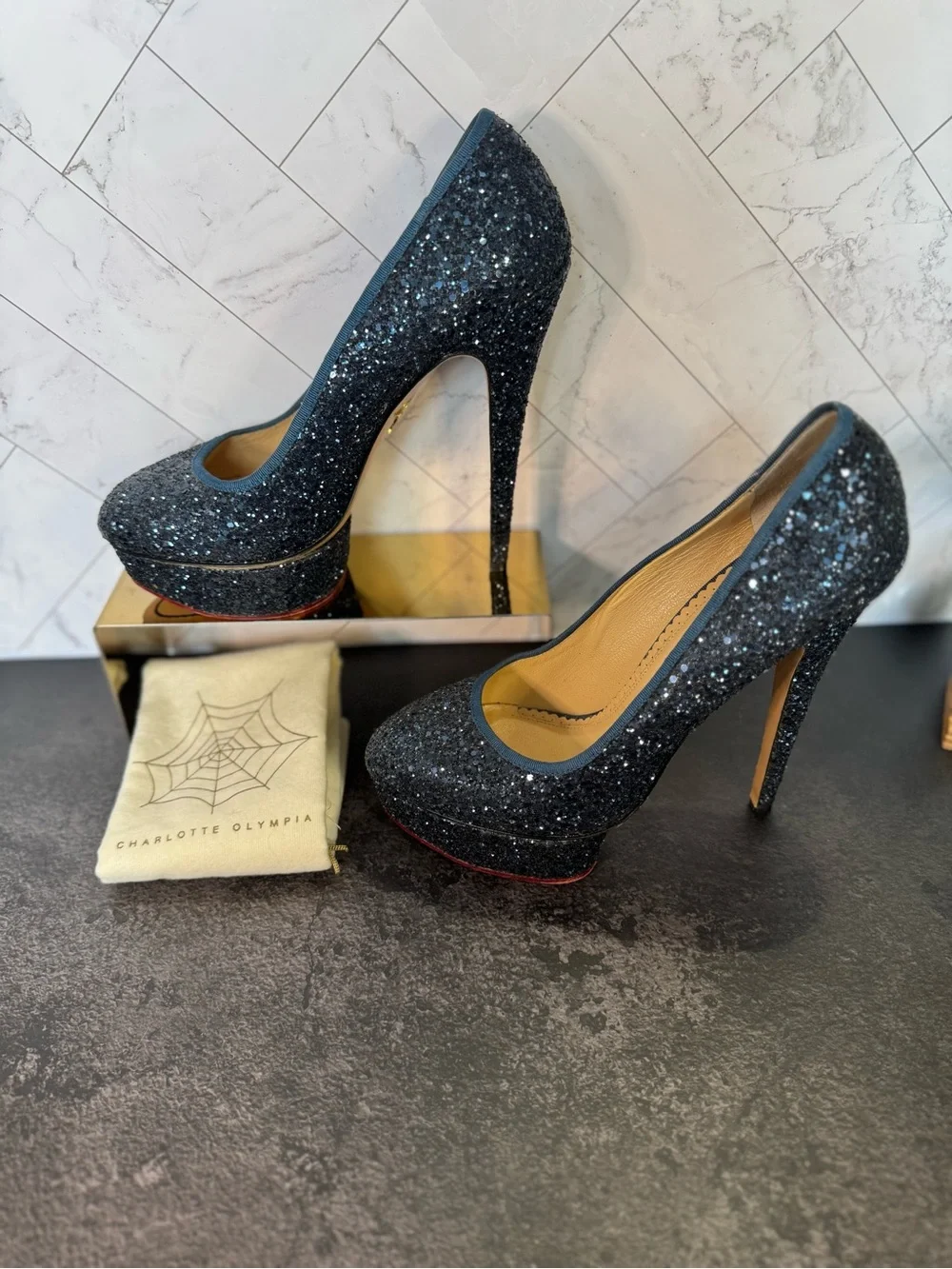 Charlotte Olympia Blue Glitter Platform Pump Heels, Size 40